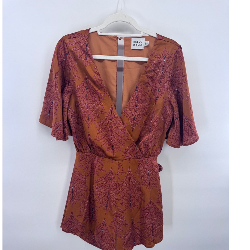Hello Molly Romper Rust Orange Botanical Leaf Print Open Back Deep V-Neck Sz 6